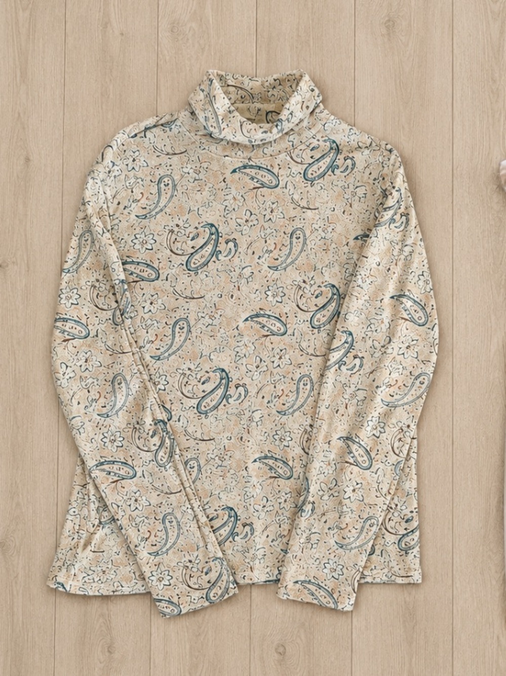 Basic Editions Paisley Mock Neck Long Sleeve Top 100% Cotton Large